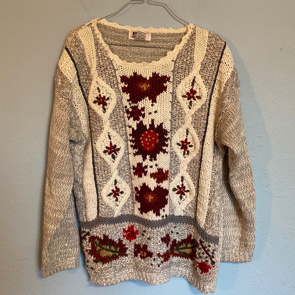 Vintage Sarah Morgan Womens Size M Grandma Grannycore Chunky Knit Floral Sweater